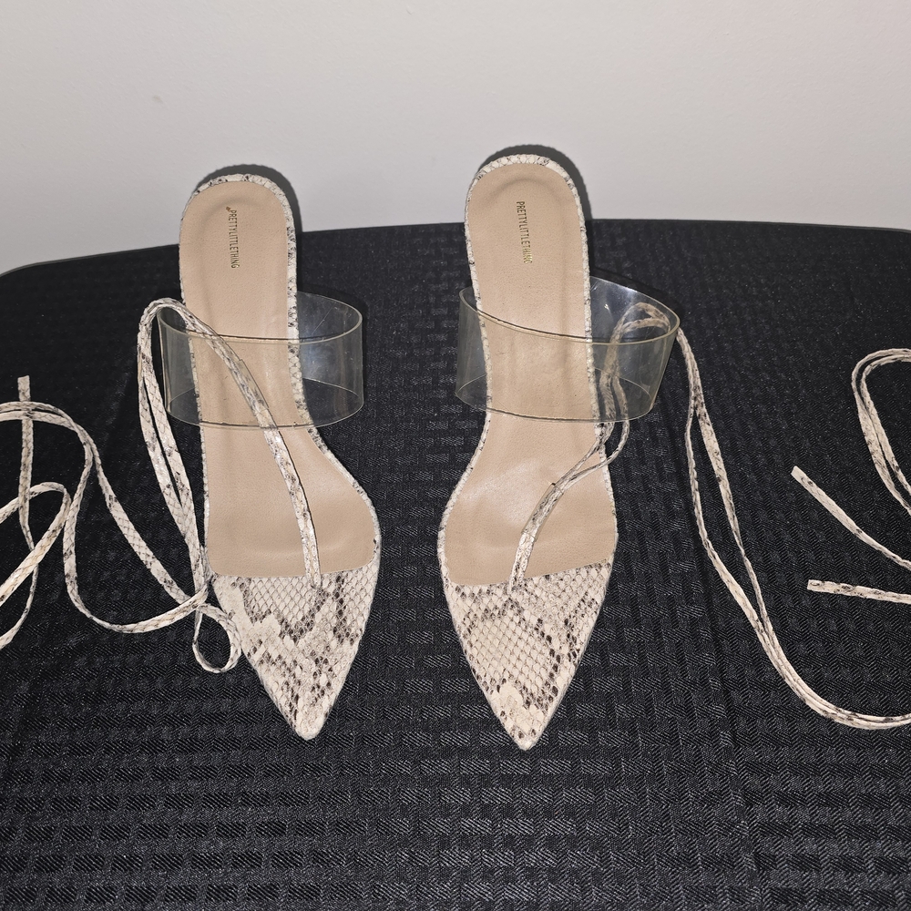 PrettyLittleThing Tan Cream Heels with Lace-Up Detail